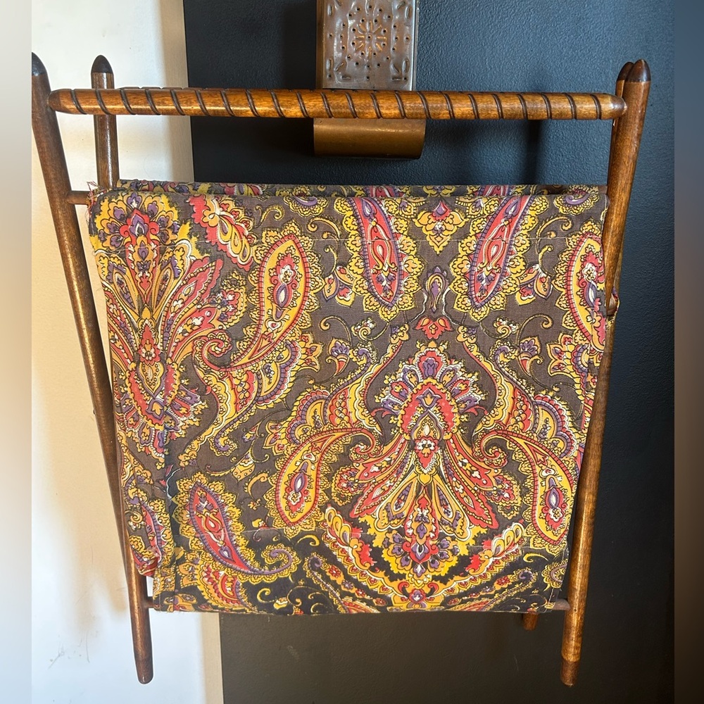 Vintage Boho Yarn Caddy Wooden Cotton Paisley Carryall